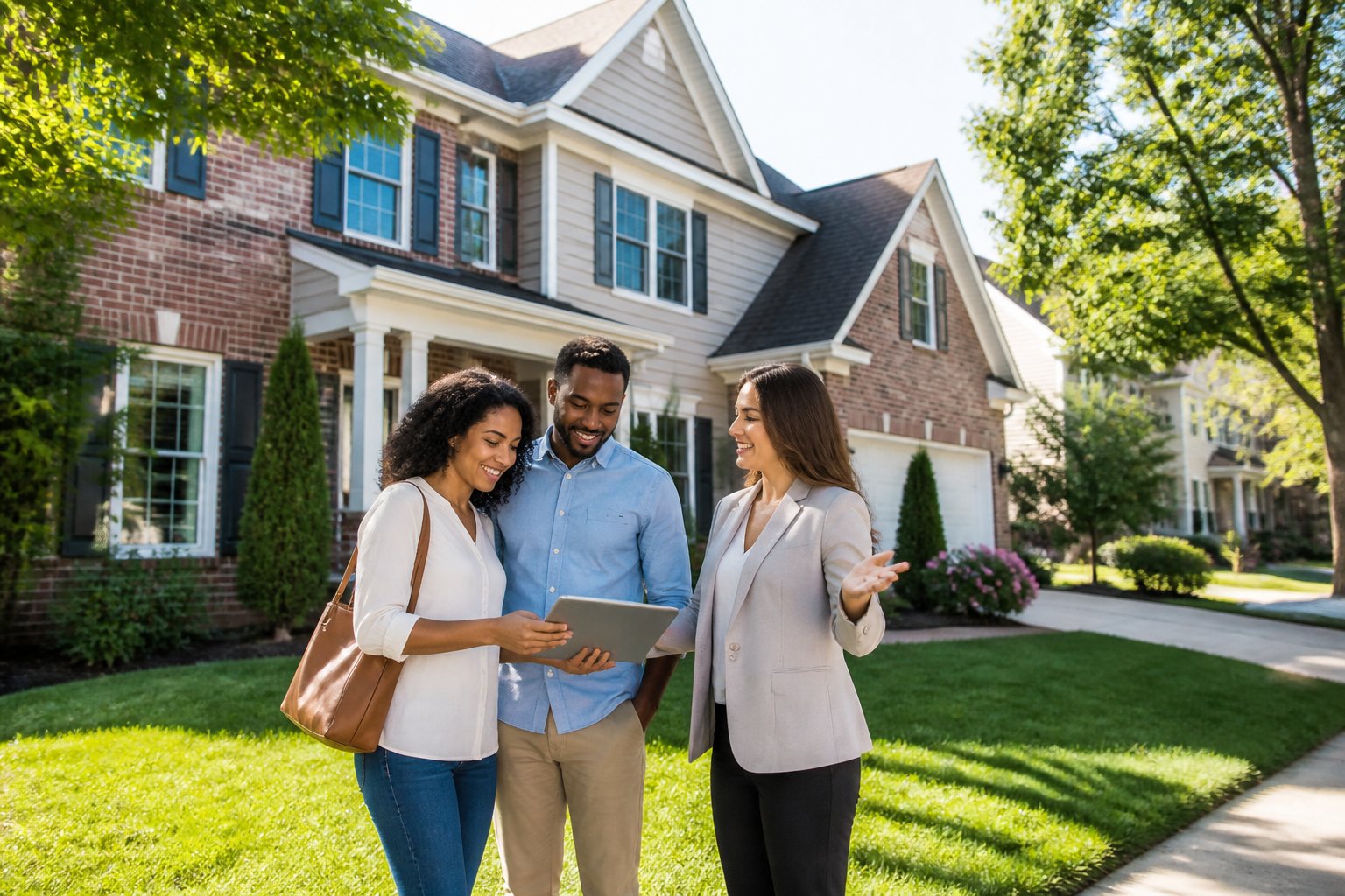 A couple discusses a suburban home with a real estate agent outside the front entrance.