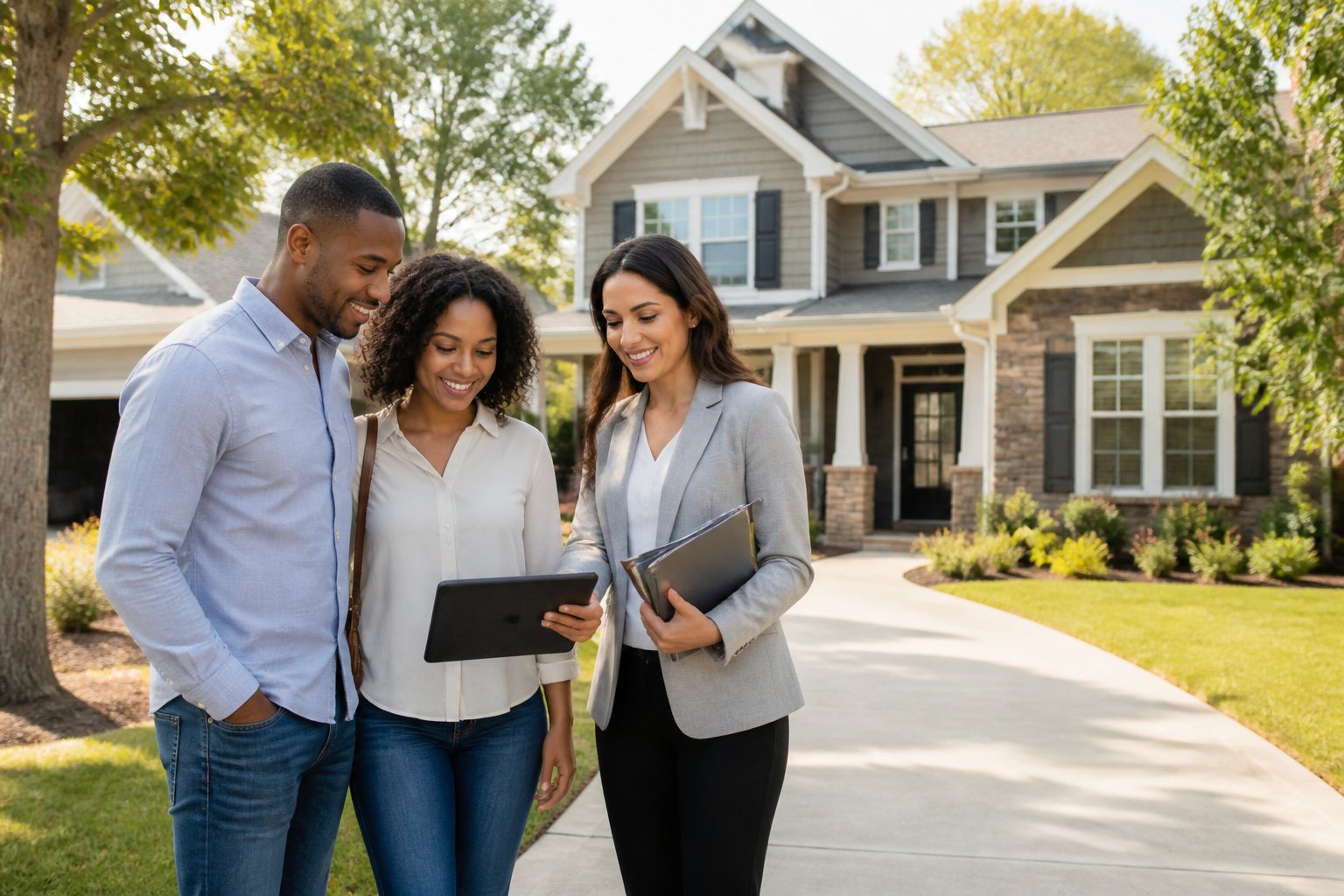 A real estate agent discusses a suburban home with prospective buyers outside the property.