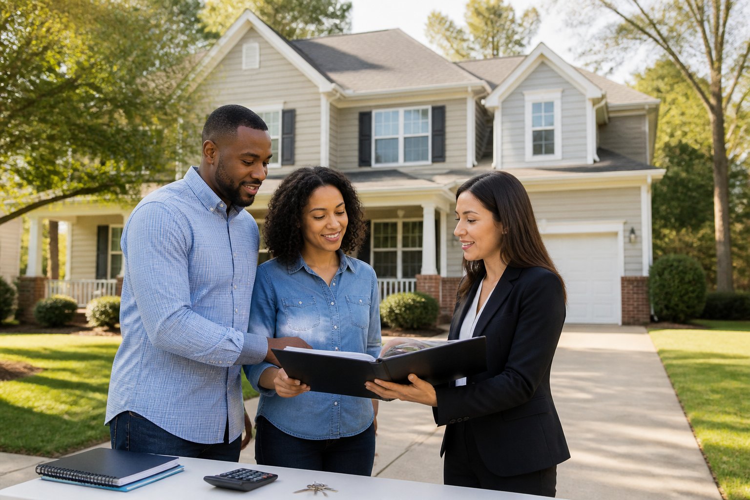 A couple discusses selling their suburban home with a real estate professional outside the house.