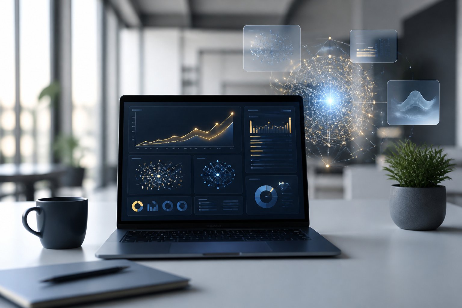 Laptop mit abstrakten SEO-Diagrammen und einer leuchtenden künstlichen Intelligenz in einem modernen Büro.