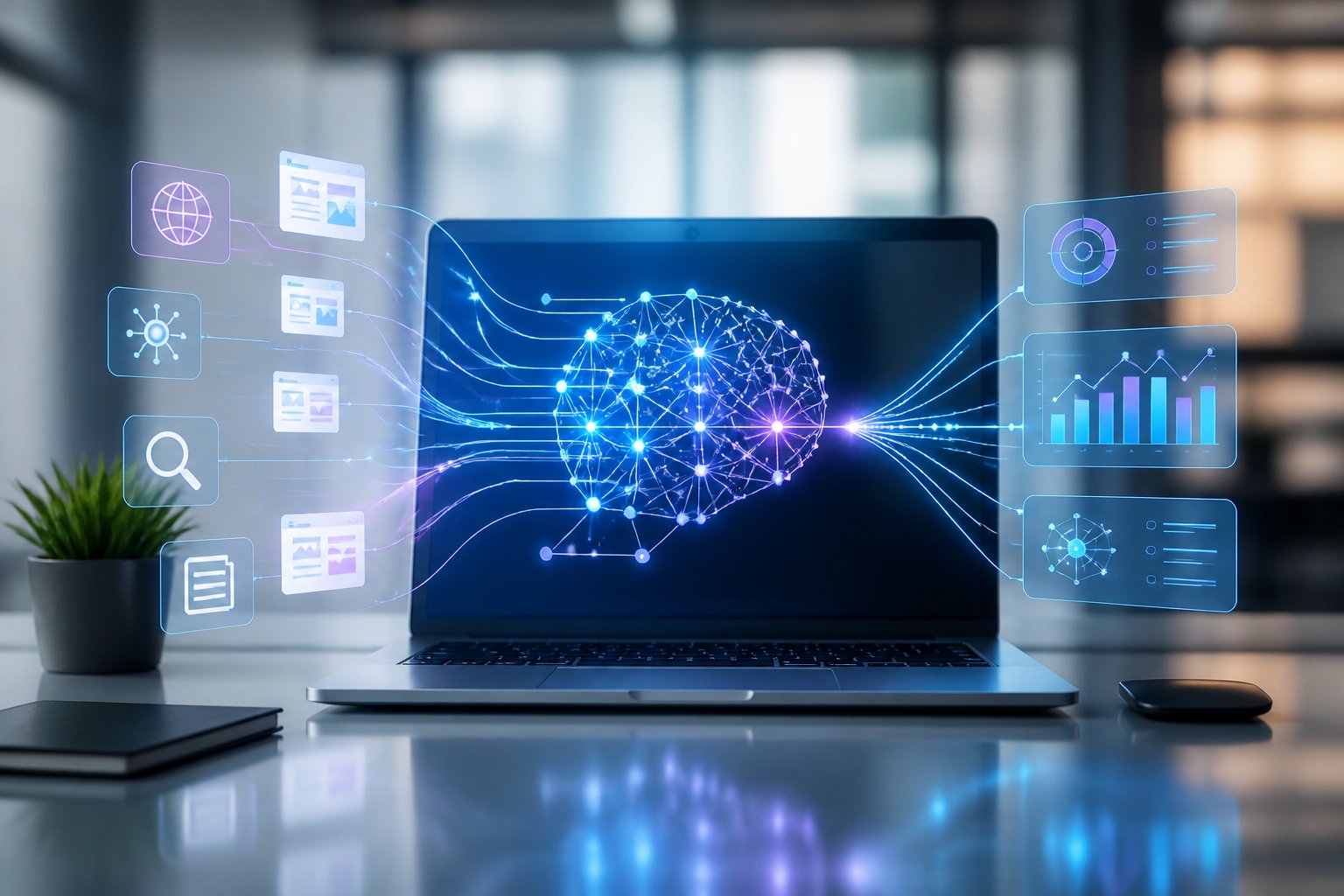 Ein modernes digitales System verarbeitet vernetzte Informationen und erstellt daraus strukturierte Antworten.
