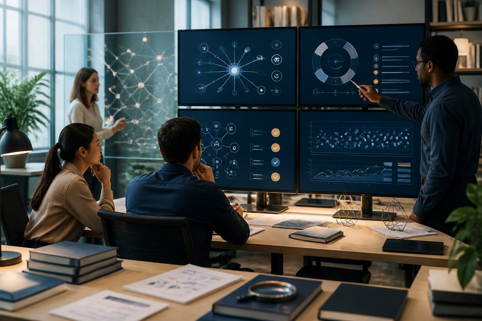 Ein digitales Redaktionsteam analysiert vernetzte Daten, Quellen und Suchsignale an modernen Arbeitsplätzen.