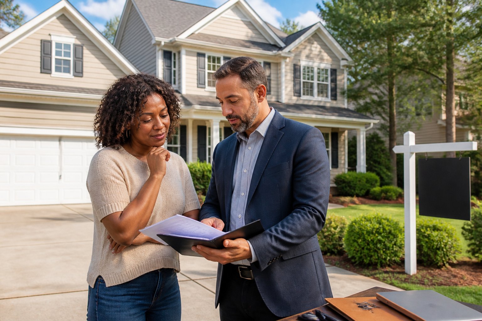 A homeowner reviews property documents with a real estate professional outside a suburban Georgia home.
