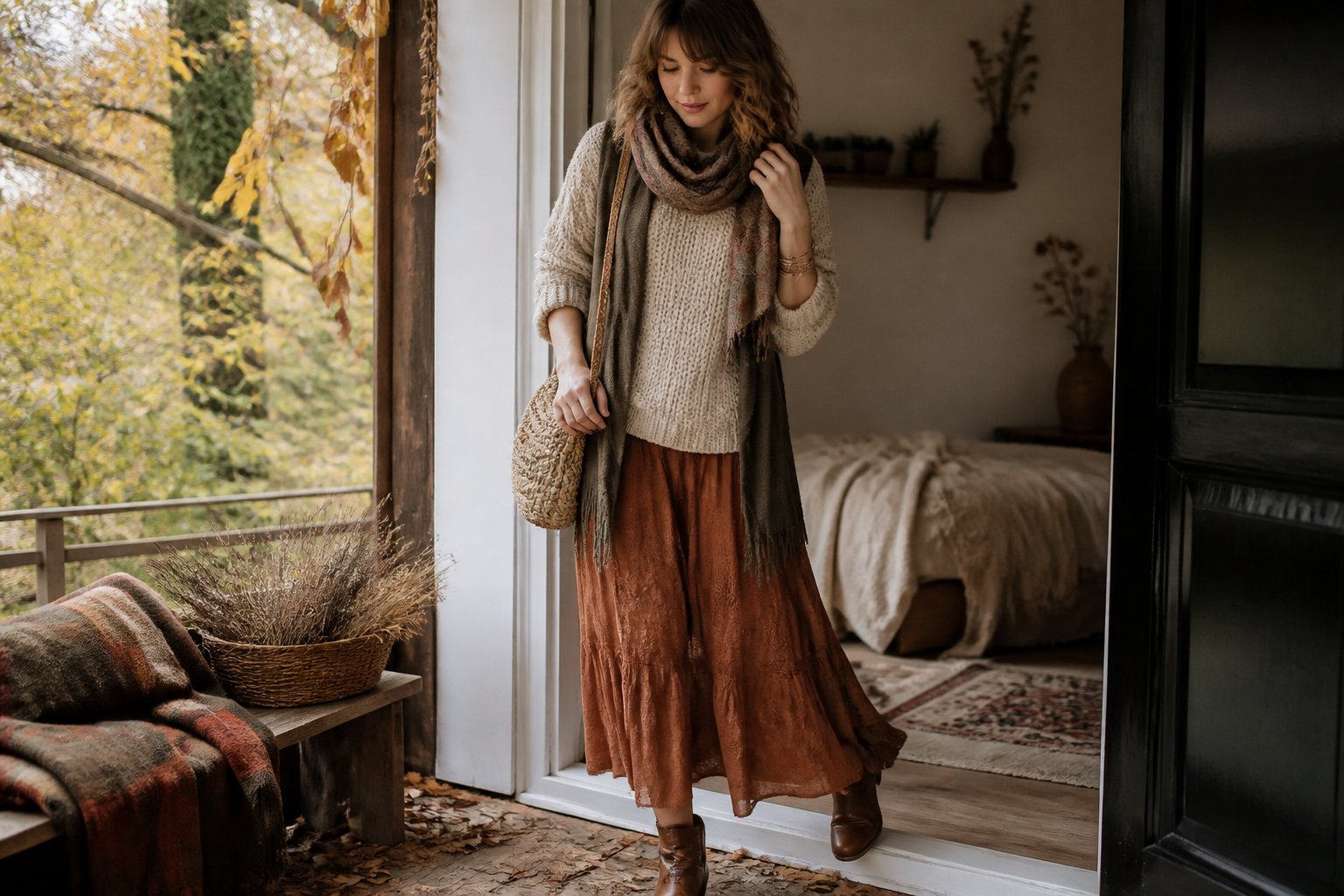 A person wearing a layered boho autumn outfit with a knit sweater, flowing skirt, scarf, ankle boots, and woven bag in a cozy fall setting.