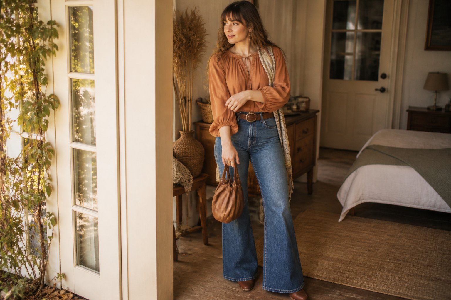 A woman wearing a peasant blouse and high-waisted flare jeans stands in a softly lit autumn interior.