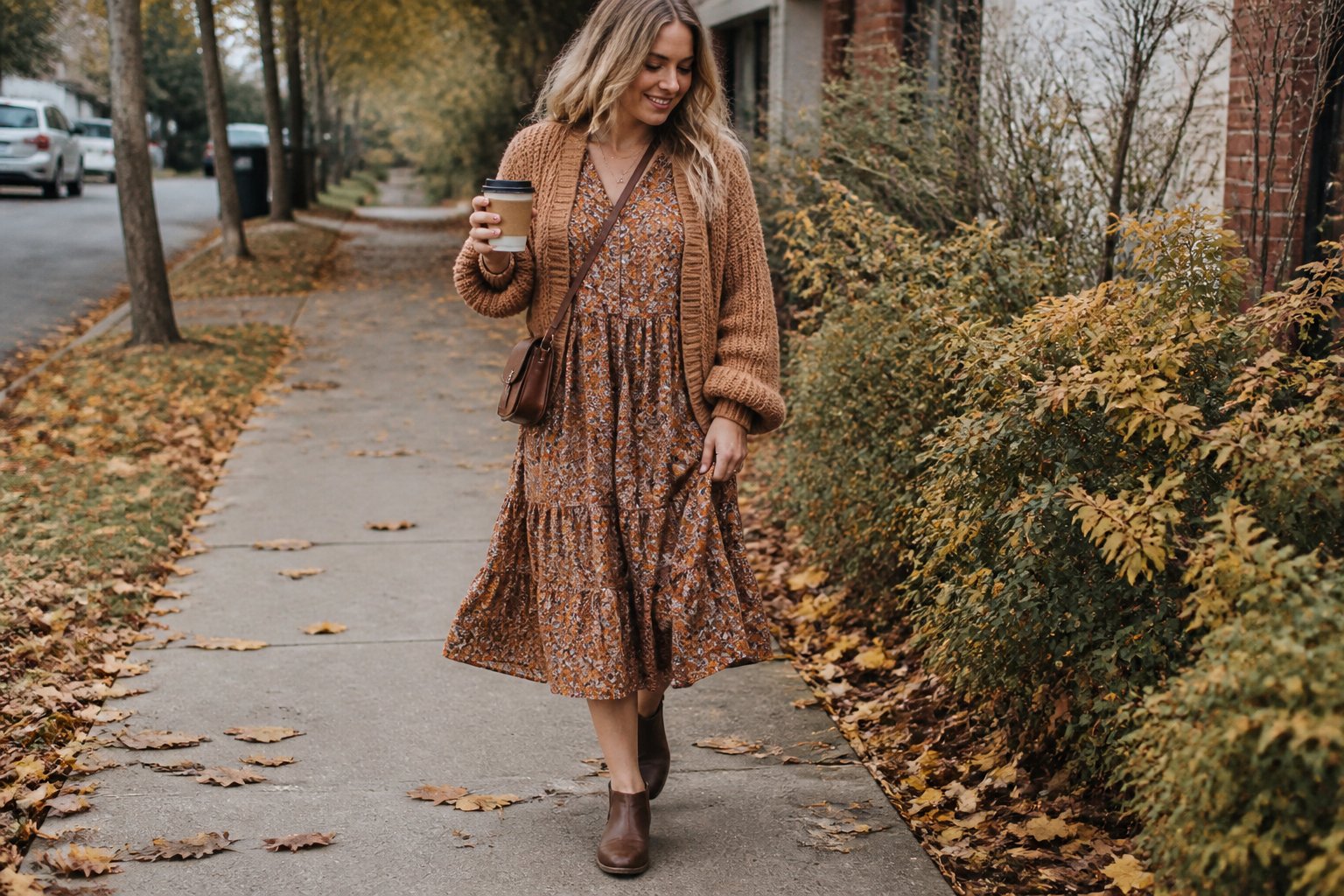 A woman wears a chunky knit cardigan over a tiered midi dress outdoors on an autumn day.