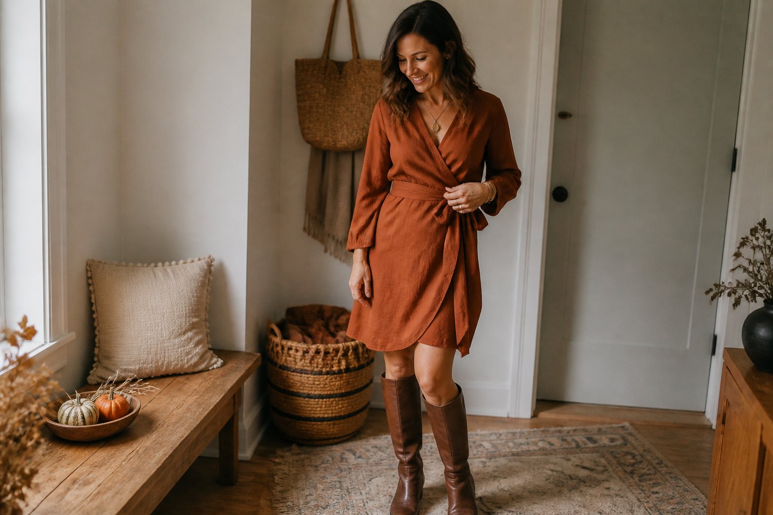 A woman wears a rust-colored wrap dress and knee-high brown leather boots in a softly lit autumn home setting.