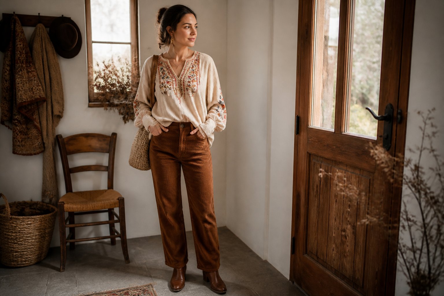 A woman wearing an embroidered tunic and brown corduroy trousers in a softly lit autumn interior.