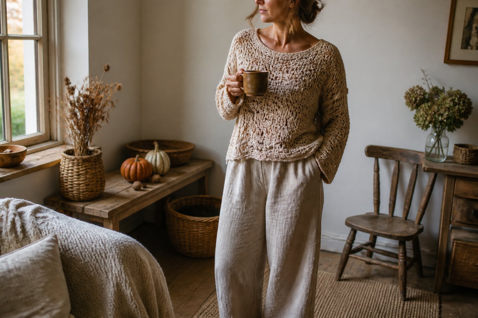 A person wearing a crocheted sweater and wide-leg linen pants in a softly lit autumn home.