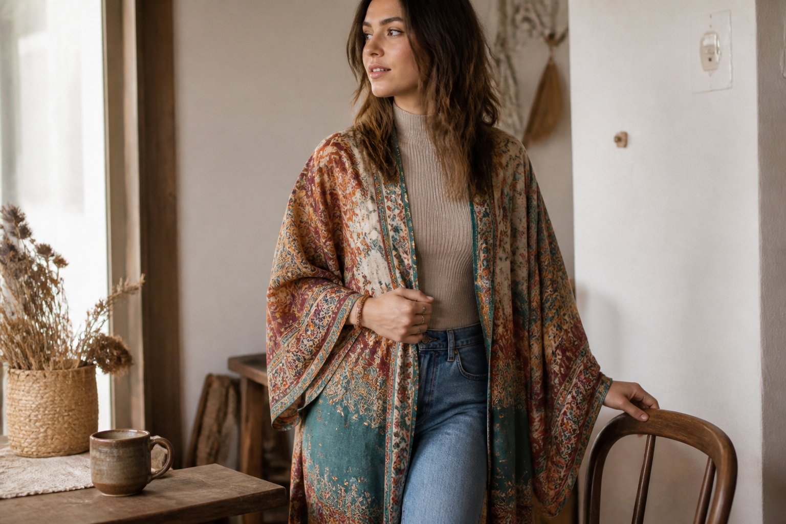 A woman wears a patterned kimono over a fitted turtleneck and jeans in a softly lit autumn setting.