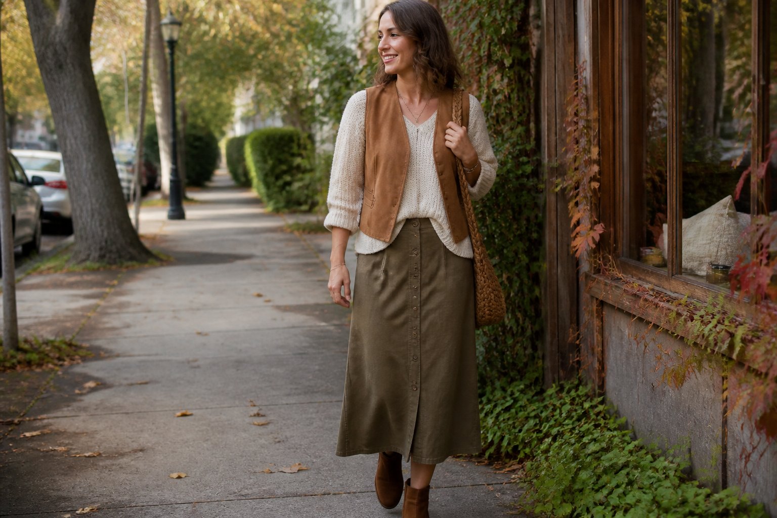 A woman wears a brown suede vest and button-front midi skirt outdoors on an autumn day.