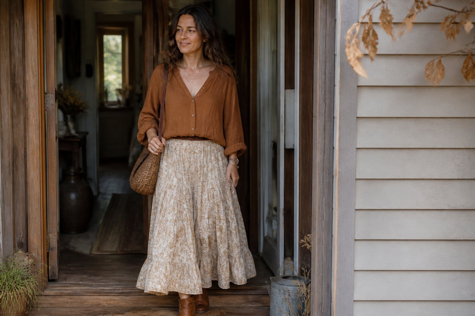 A woman wears an earth-tone blouse and tiered maxi skirt in a softly lit autumn setting.