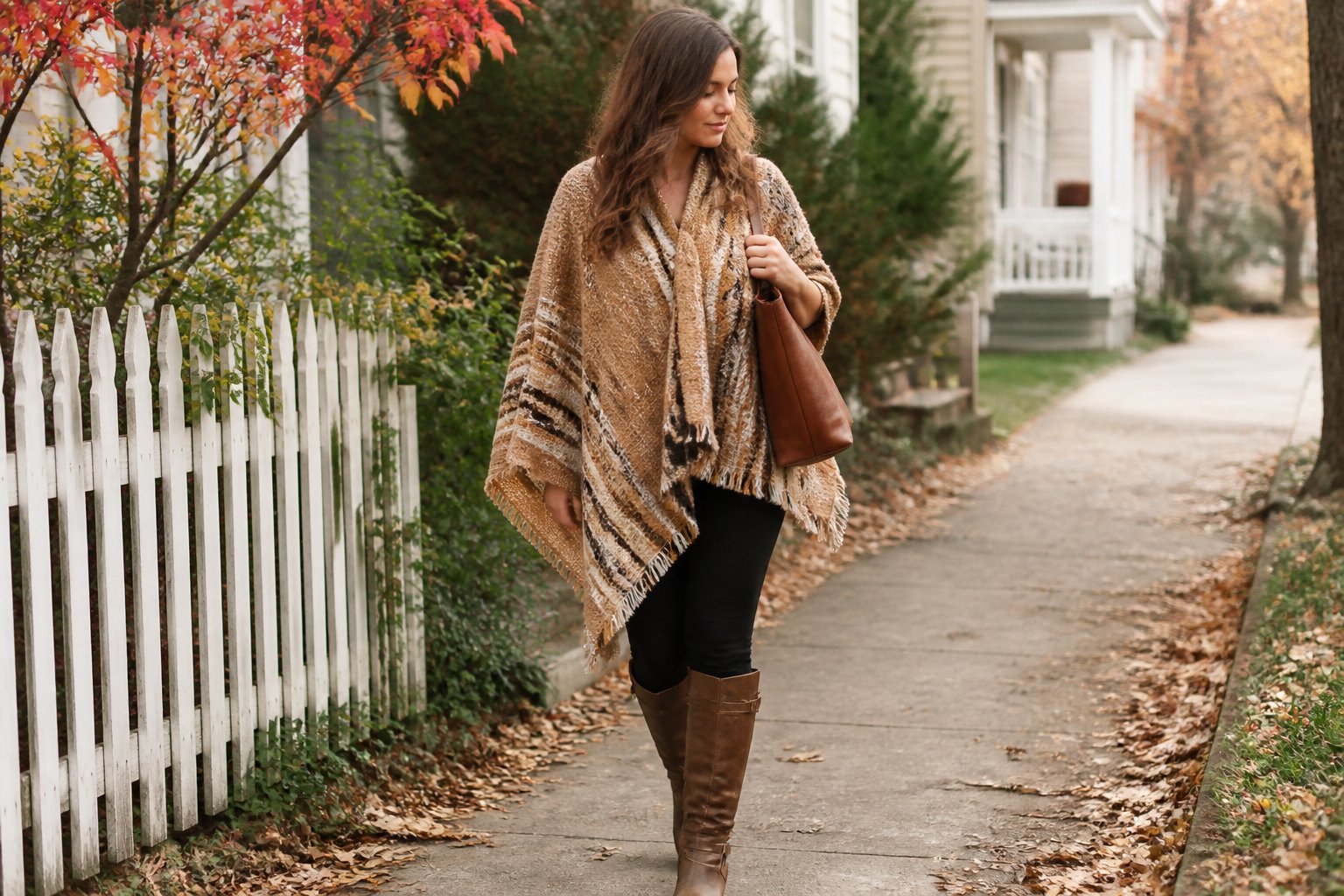 A woman wearing an oversized poncho, leggings, and tall boots walks along an autumn path.