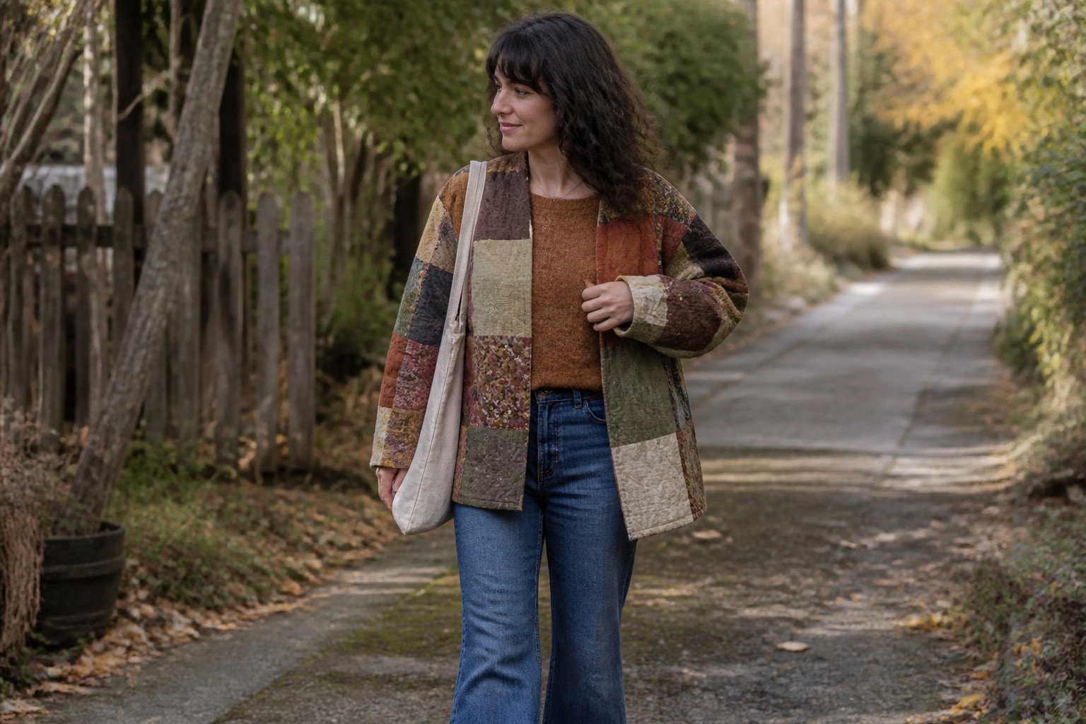 A woman wears a patchwork jacket with flared jeans in an autumn outdoor setting.