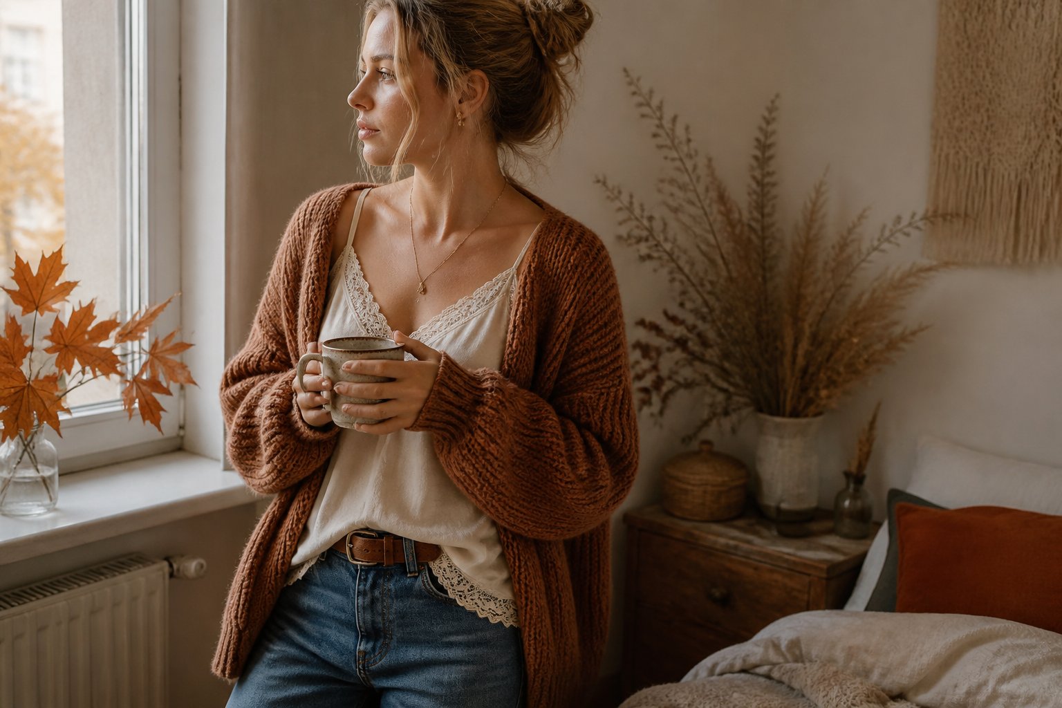 A woman wearing a lace-trim camisole beneath a chunky cardigan in a cozy autumn room.