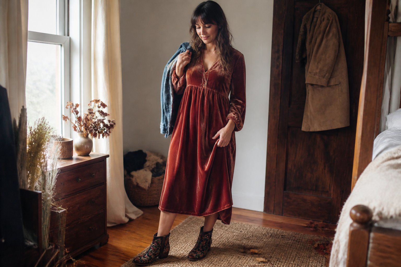 A woman in a velvet midi dress and embroidered ankle boots stands in a cozy autumn home setting.