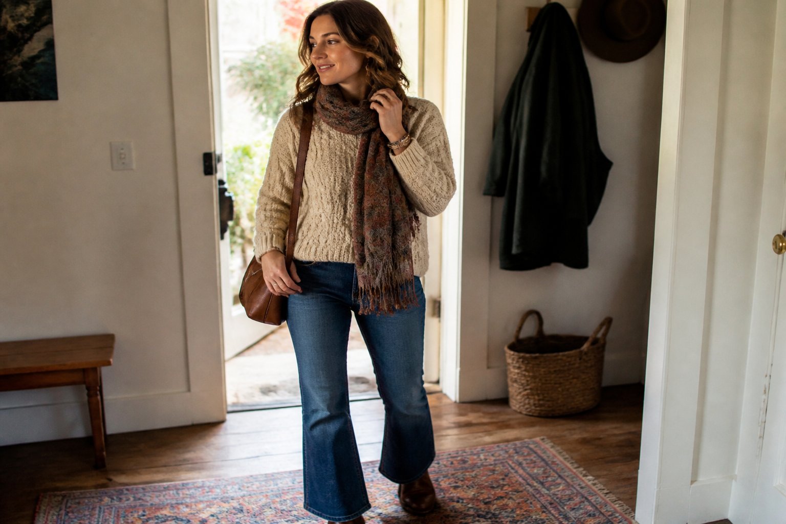 A person wearing a cream cable-knit sweater, patterned scarf, bootcut jeans, and ankle boots in a softly lit autumn setting.