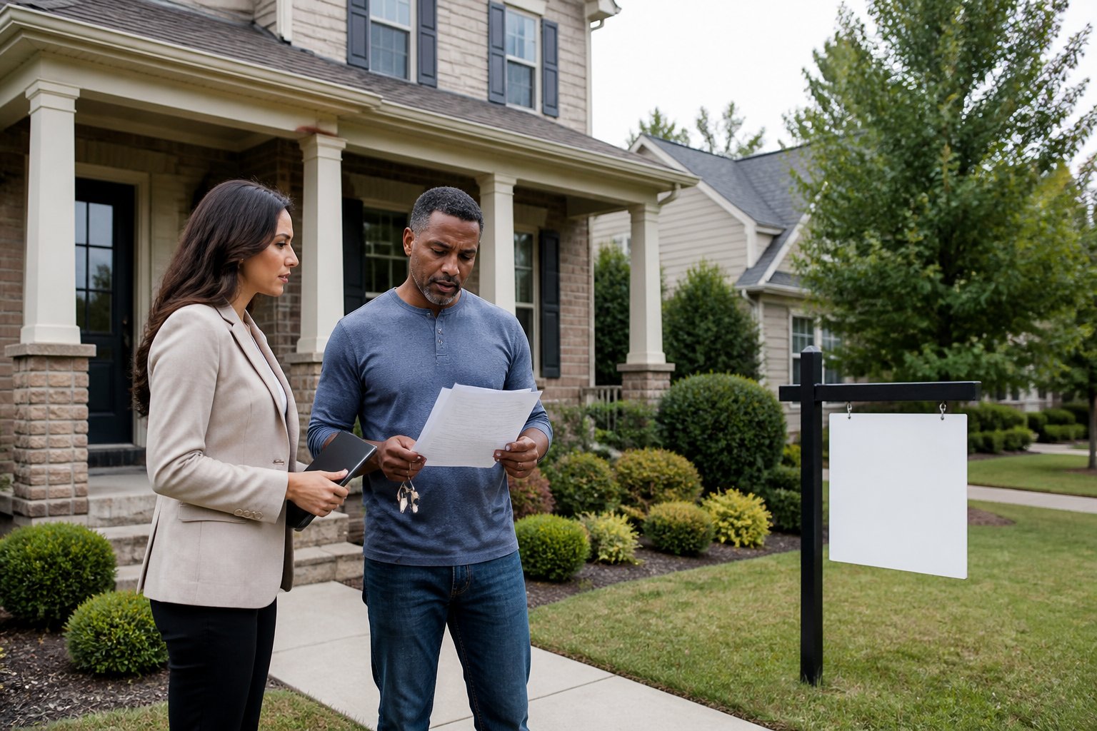 A homeowner discusses selling a suburban house with a real estate agent while holding financial papers and keys.