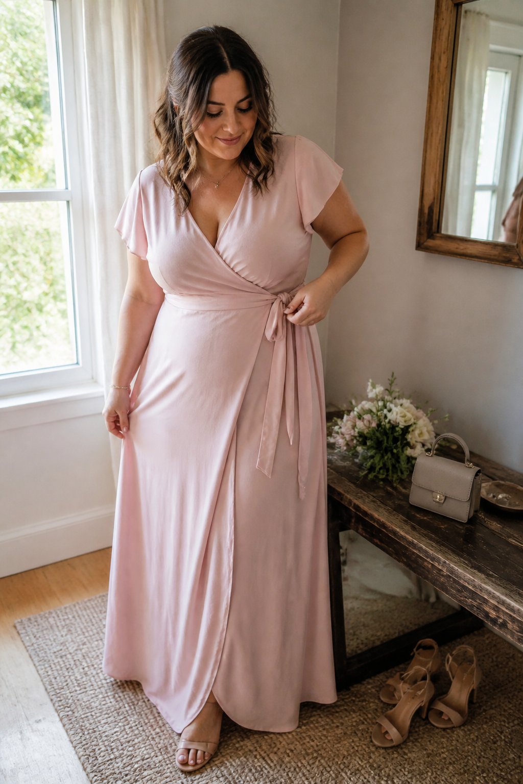 A plus-size woman in a blush pink wrap maxi dress stands near a bright window with sandals, a handbag, and flowers nearby.
