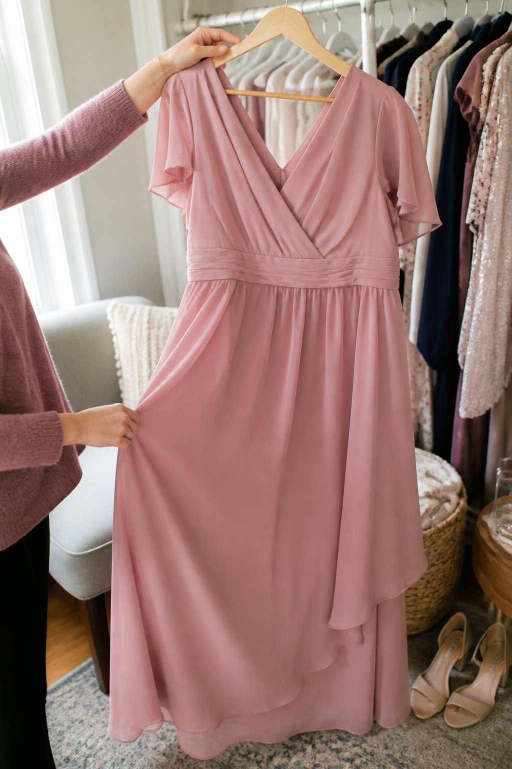 A dusty rose pink chiffon A-line dress hangs in a softly lit bedroom beside a small seating area.