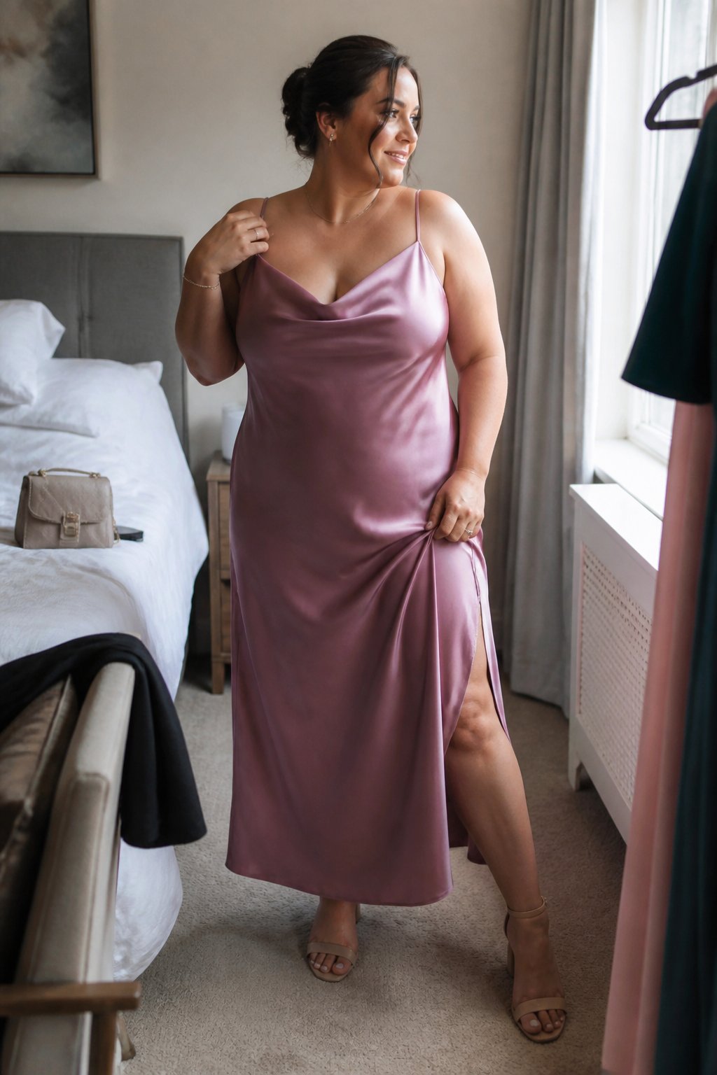 A plus-size woman wears a mauve satin slip dress in a softly lit bedroom.