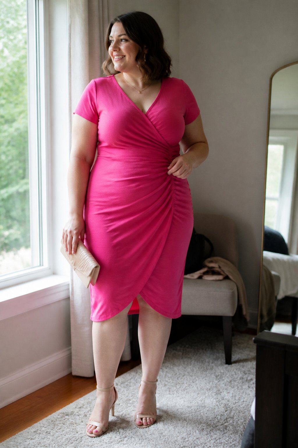 A plus-size woman wearing a hot pink ruched dress stands near a window in a bright home interior.