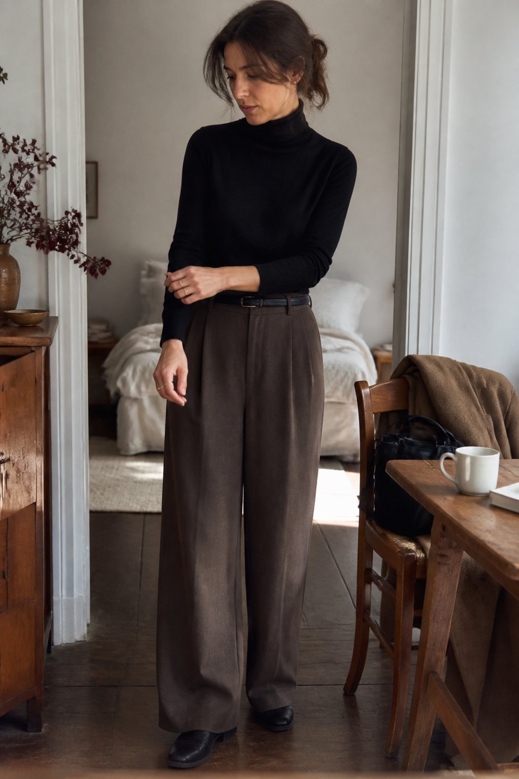 A person wearing a black turtleneck and wide-leg wool trousers stands in a softly lit autumn interior.