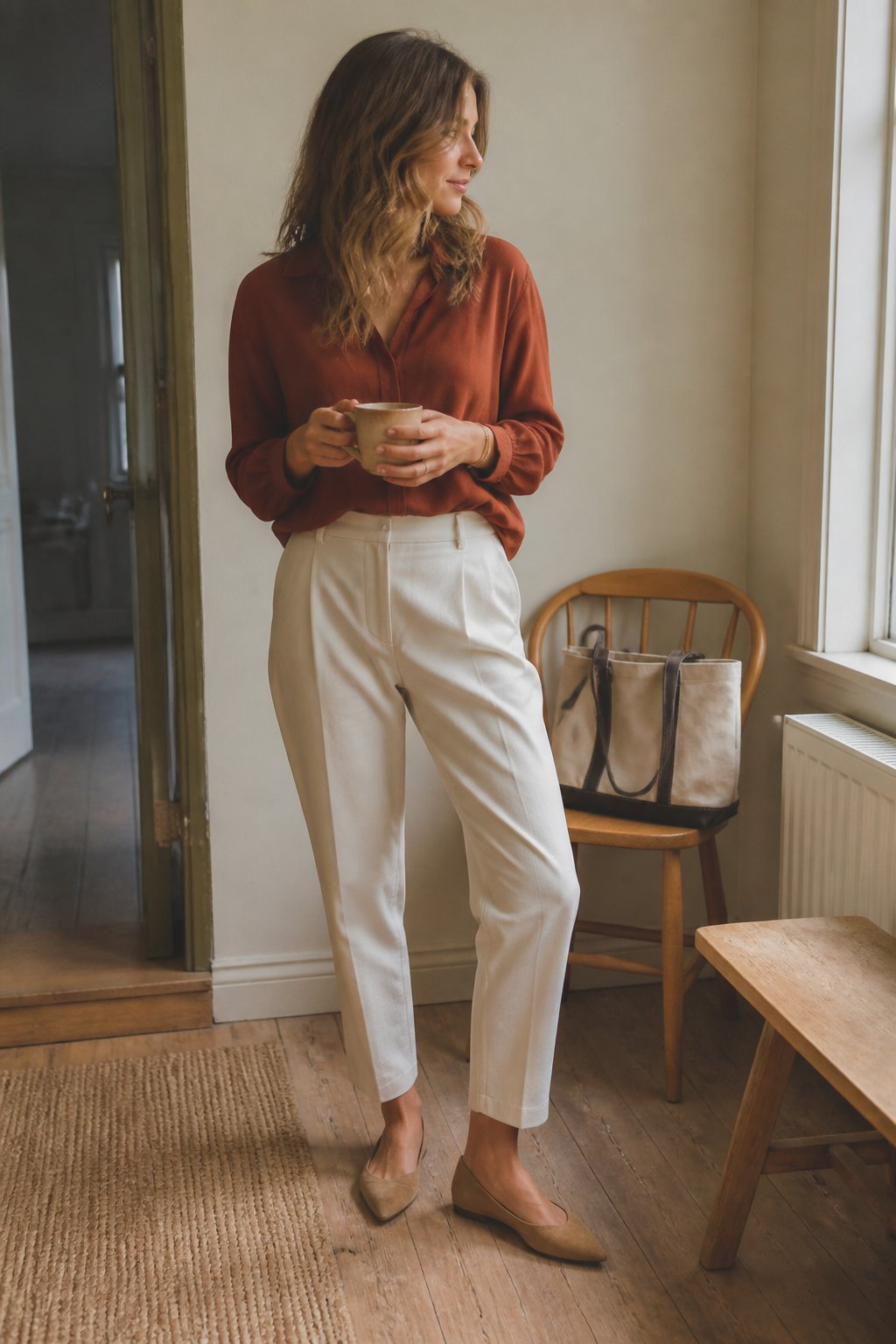 A woman wears a rust-colored blouse, cream trousers, and pointed flats in a softly lit indoor setting.