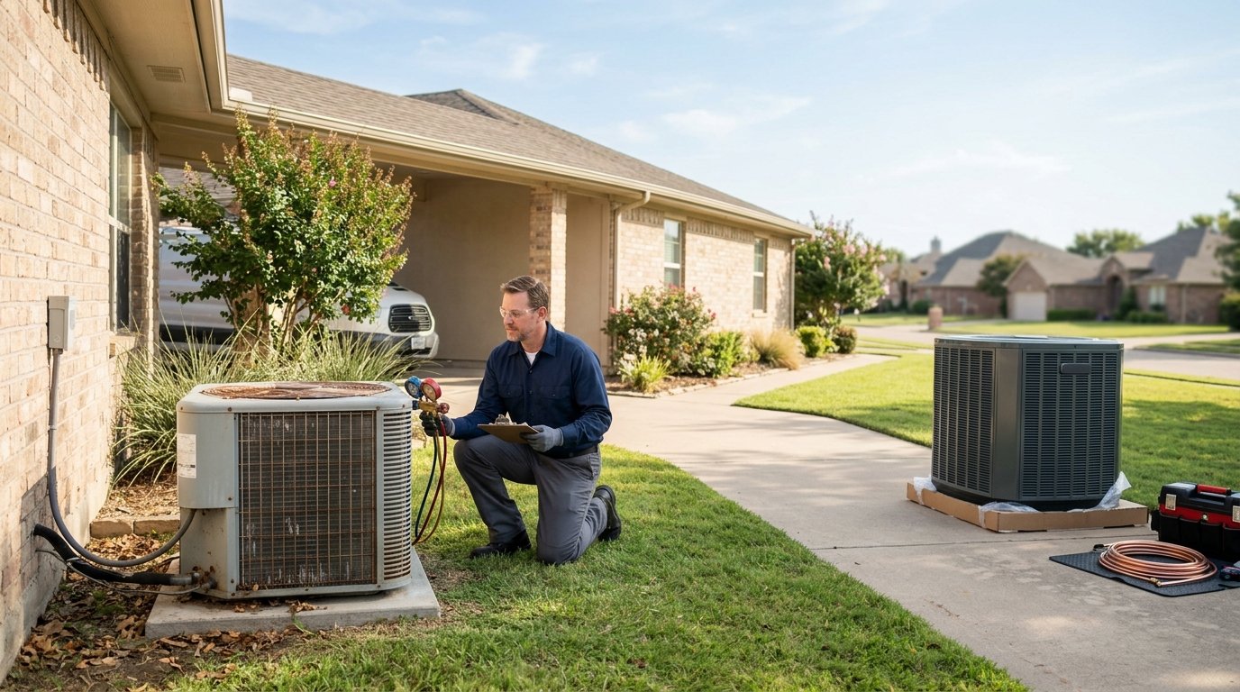 An HVAC technician inspects an aging outdoor air conditioner beside a suburban home.