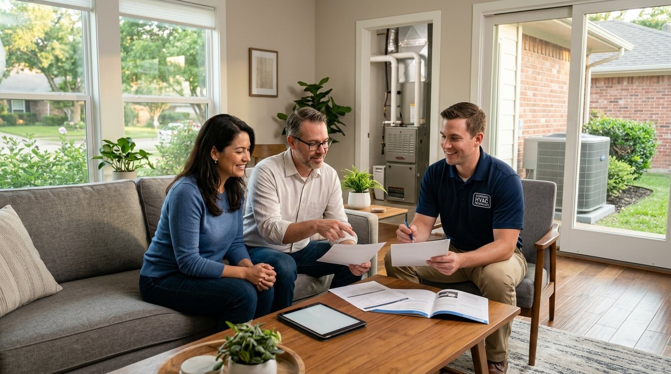 A homeowner couple discusses air conditioning options with an HVAC technician in a bright living room.