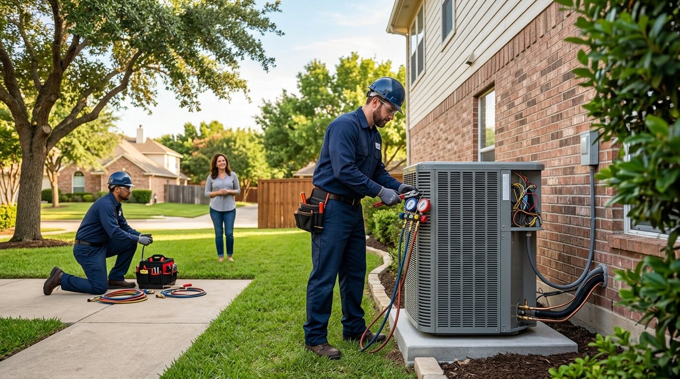 An HVAC technician installs an outdoor air conditioning unit beside a suburban home.