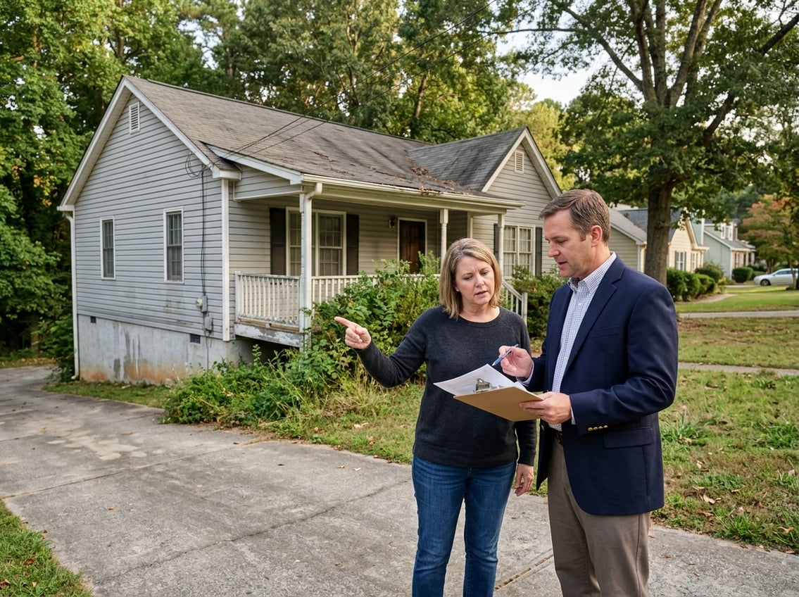 A homeowner discusses a weathered suburban house with a property advisor in a Lawrenceville neighborhood.