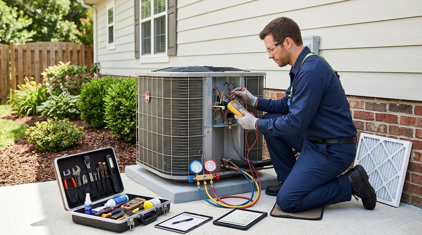 HVAC technician inspecting and servicing a residential outdoor air conditioning unit.