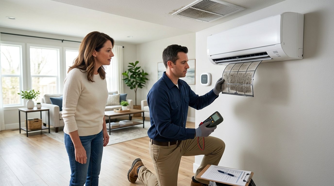 An HVAC technician inspects an indoor air conditioning system while a homeowner observes.
