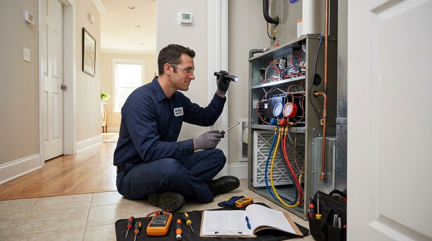 An HVAC technician inspects a residential air-conditioning unit during a routine tune-up.