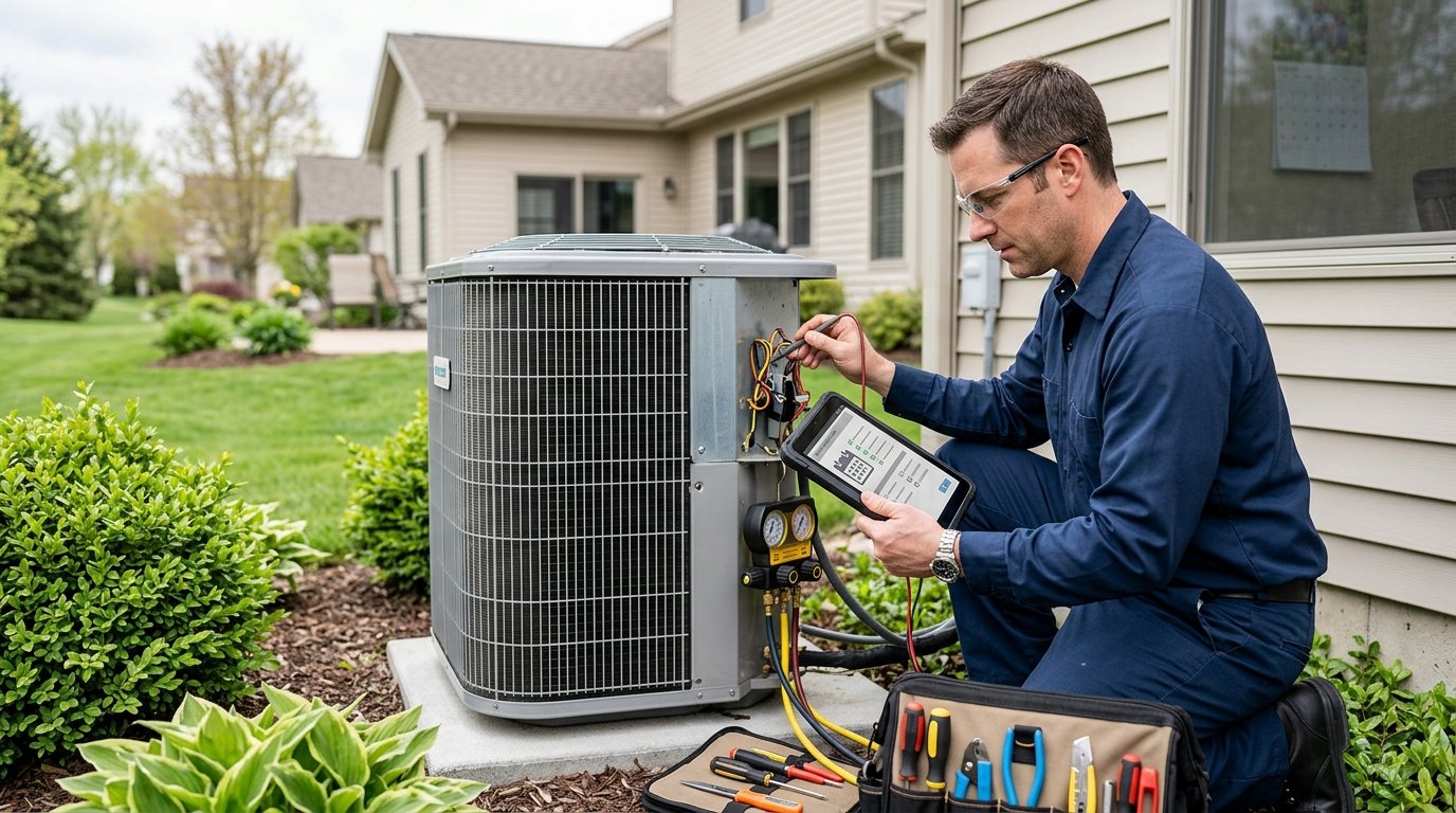 HVAC technician inspecting a residential air conditioning unit during a scheduled maintenance visit.