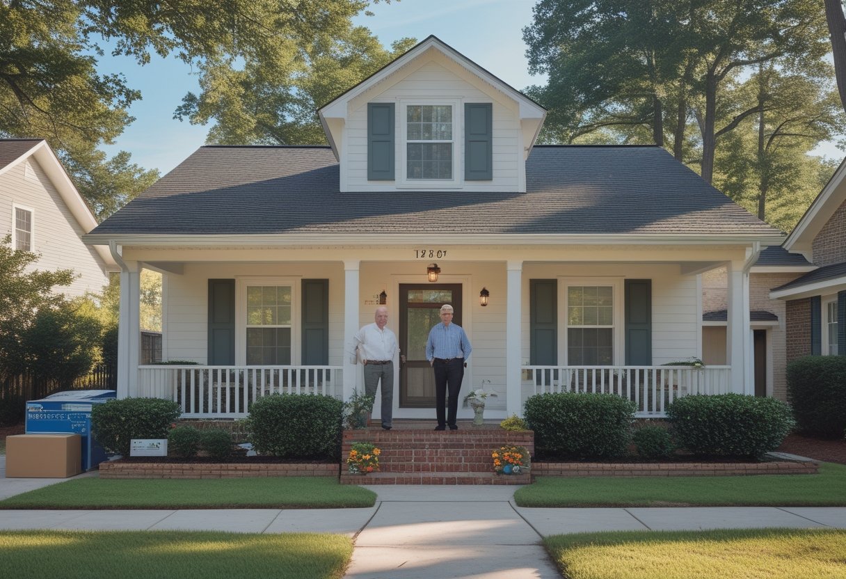 A mature couple stands outside a smaller suburban home with a few moving boxes nearby.