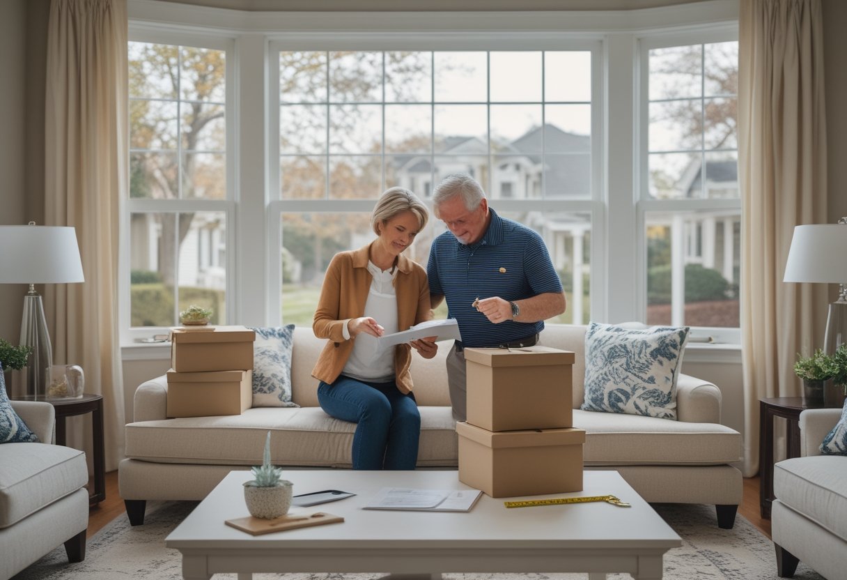 A couple reviews household items and moving plans in a bright suburban living room.