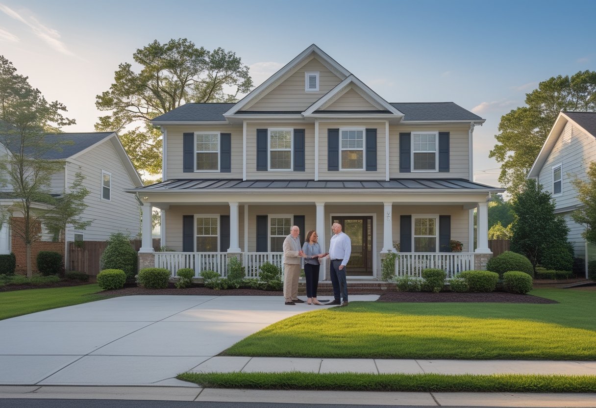A homeowner couple speaks with a real estate agent outside a well-maintained suburban house.
