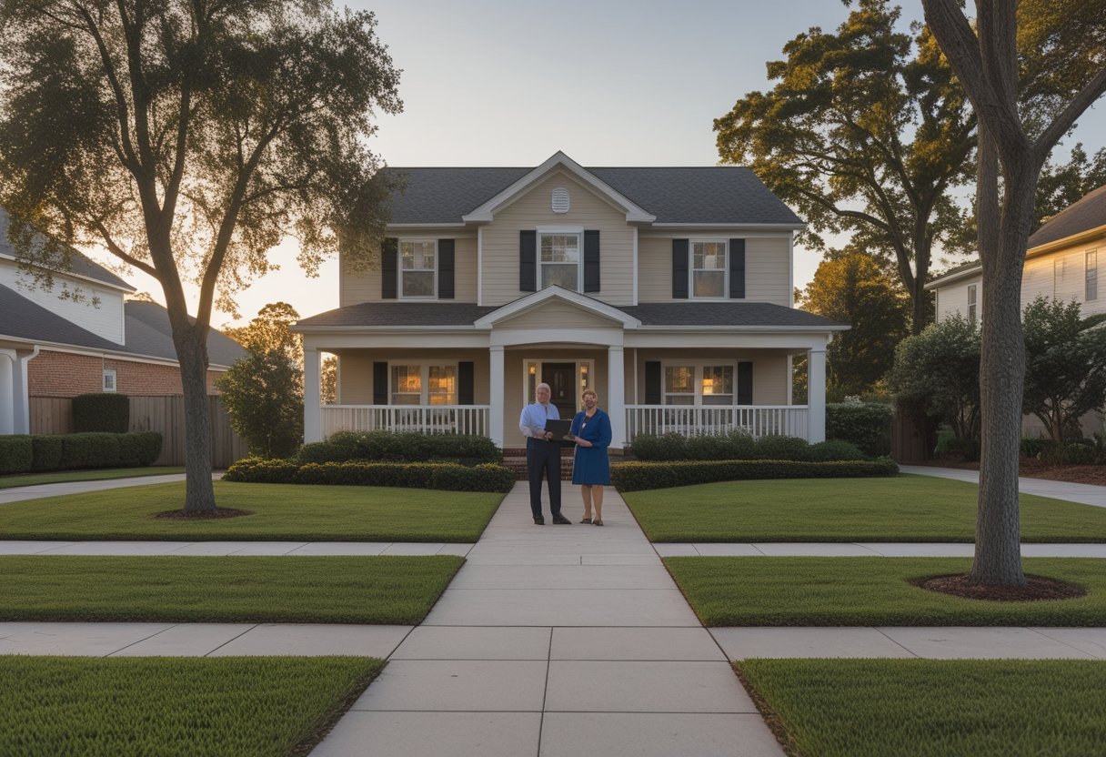 An older homeowner and family member meet a real estate professional outside a well-maintained suburban home.