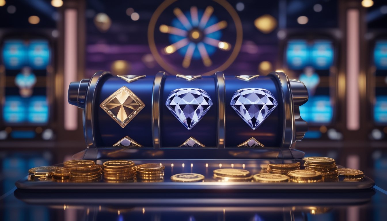 Mesin slot modern dengan simbol berlian, koin emas, dan elemen lingkaran yang menggambarkan bonus mingguan.