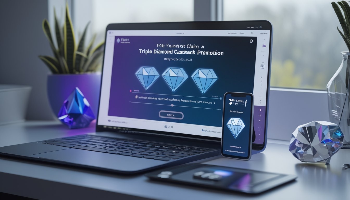 Laptop dan ponsel menampilkan konsep hadiah cashback dengan simbol berlian di meja kerja modern.