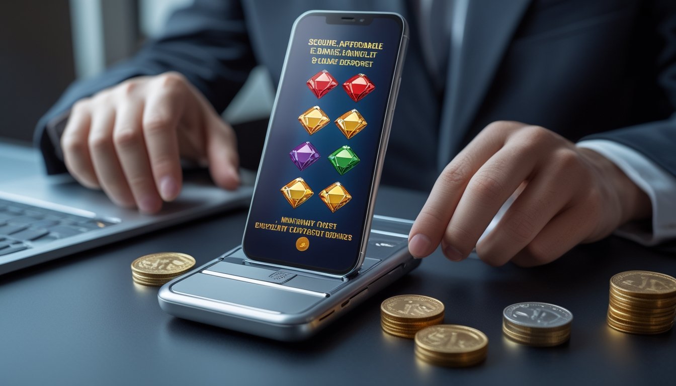 Ponsel menampilkan permainan slot berlambang tiga berlian di samping perangkat dompet digital dan koin.