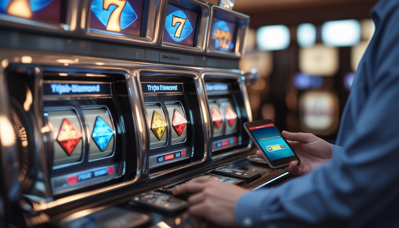 Mesin slot dengan simbol berlian tiga dan seseorang memegang ponsel di sampingnya.