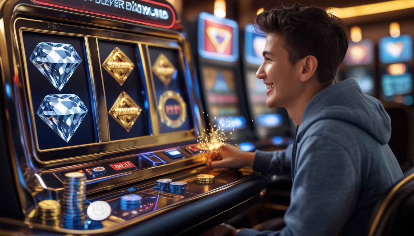 Pemain baru tersenyum saat memainkan mesin slot dengan tiga simbol berlian dan koin hadiah di sekitarnya.