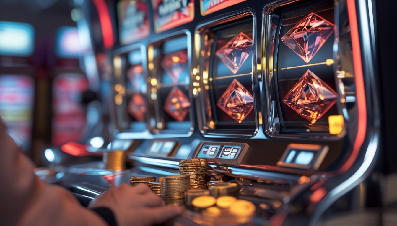 Seorang pemain menggunakan mesin slot bertema berlian tiga di lingkungan kasino modern.
