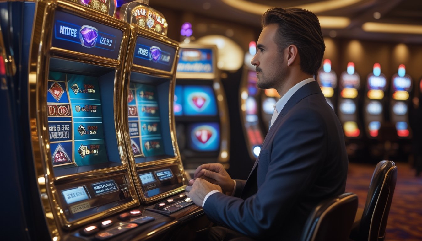 Seorang pemain dewasa menganalisis mesin slot Triple Diamond dan grafik peluang pada tablet di kasino.
