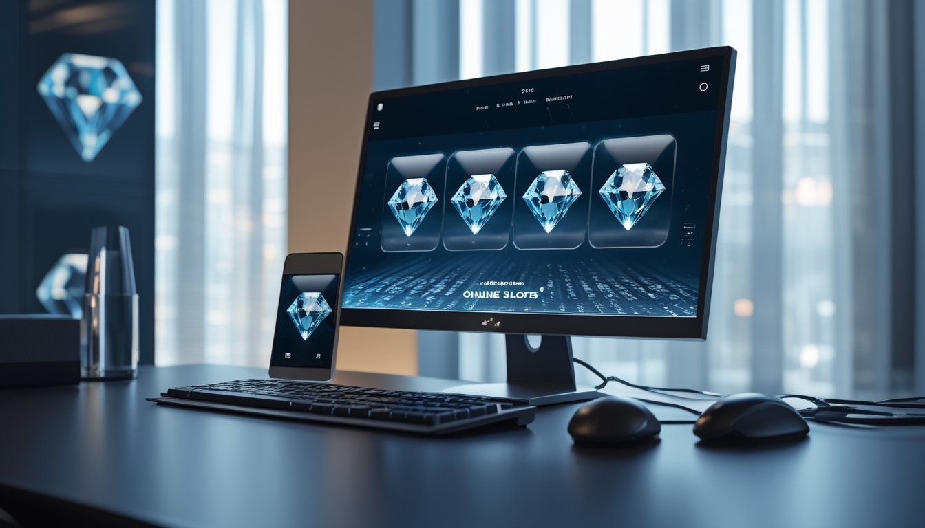 Monitor menampilkan permainan slot bertema tiga berlian di meja kerja modern.