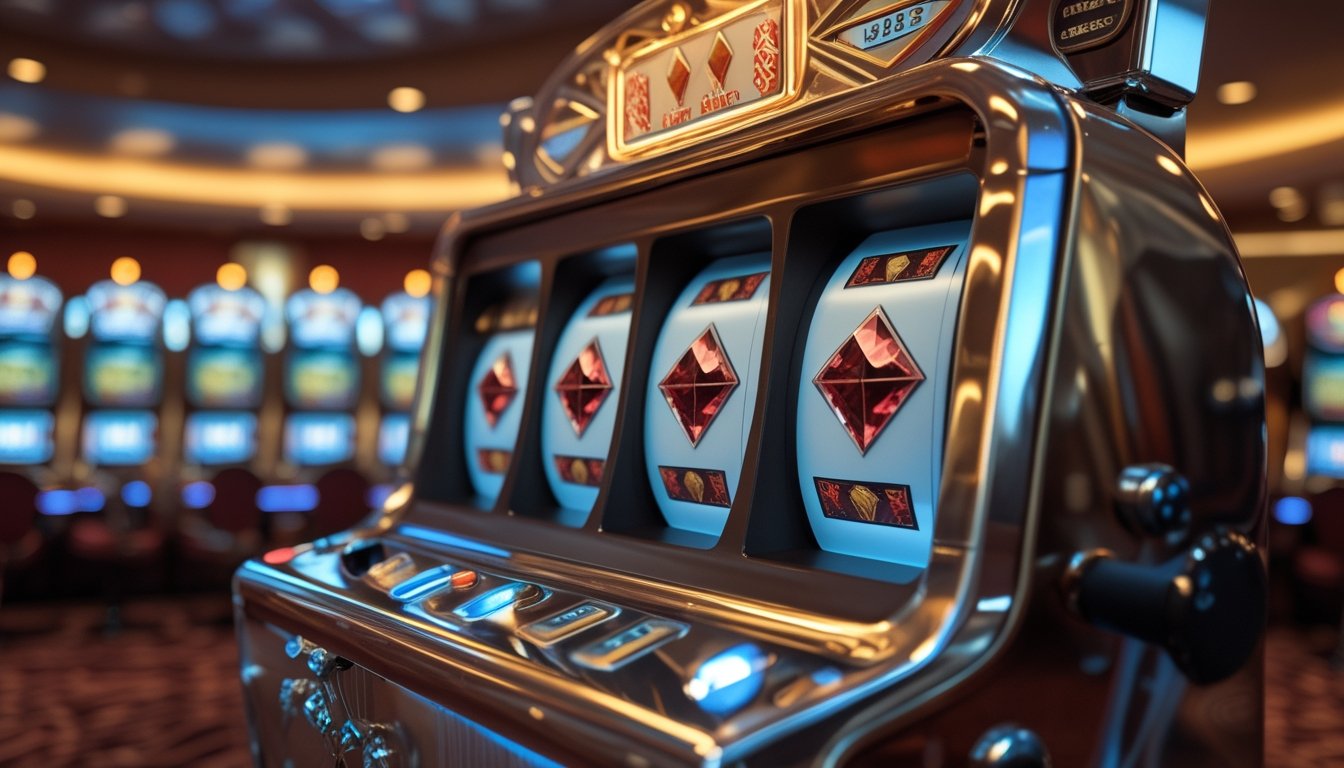 Mesin slot klasik dengan tiga simbol berlian di dalam suasana kasino yang elegan.