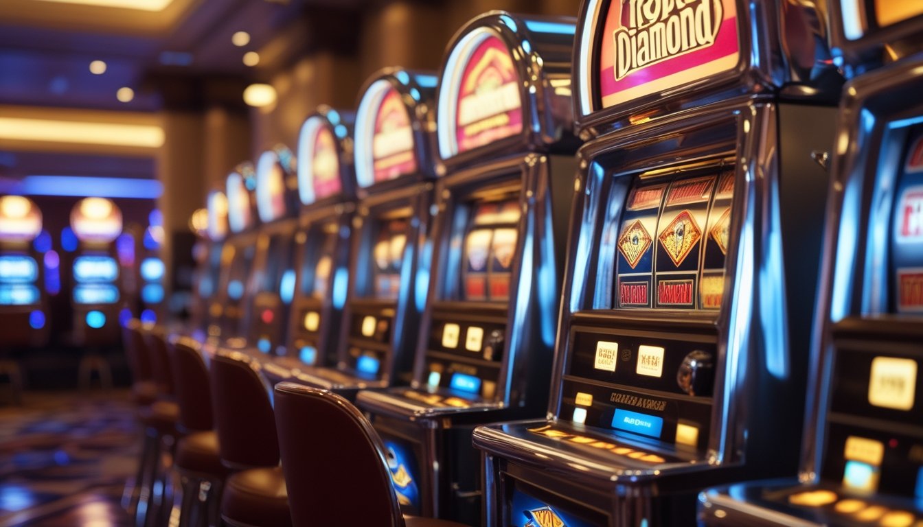 Deretan mesin slot klasik dengan simbol berlian tiga di dalam suasana kasino yang elegan.